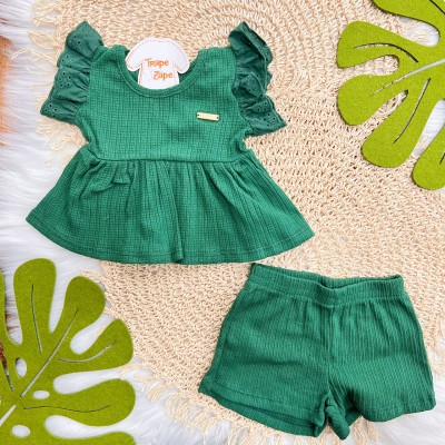 Conj. Blusa Manga Rendada e Short Anarruga - Verde